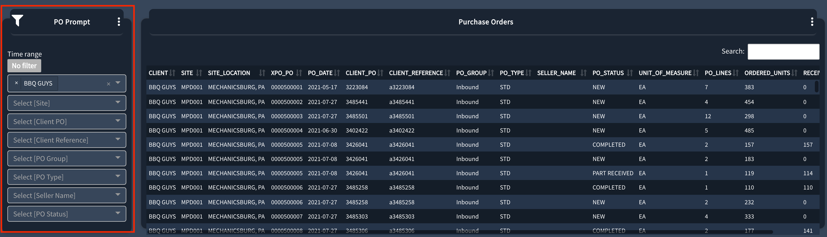 An old UI showing "prompts" for filtering data